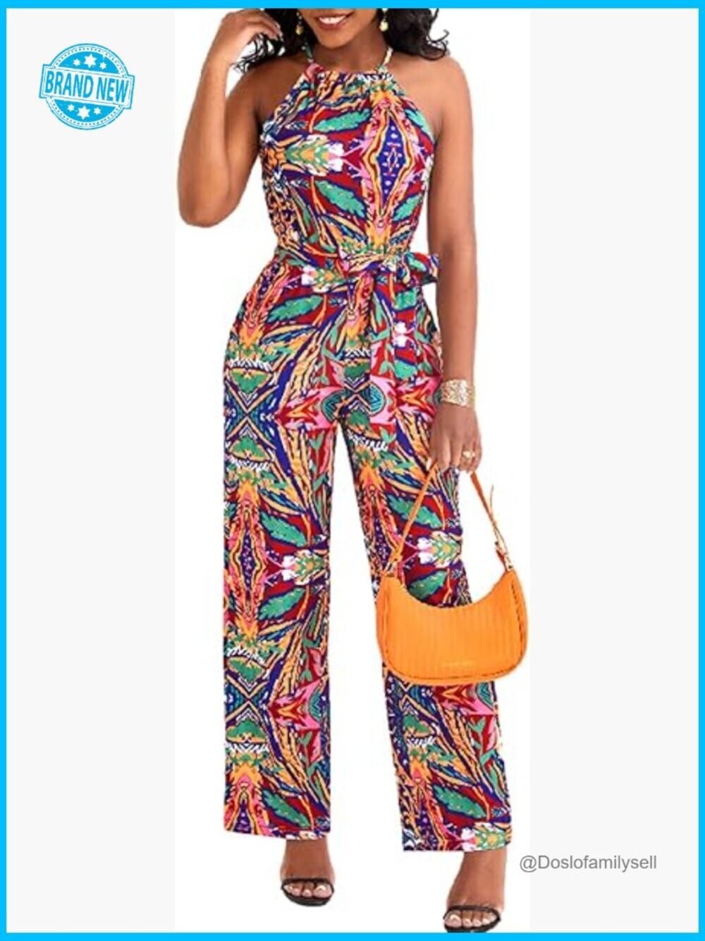Wide Leg Halter Neck Tie Dye Jumpsuit One Piece with Belt